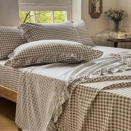 NSNLGSGC Tan Gingham Ruffle Twin Sheet Set, Taupe Soft Pre-Washed Microfiber Plaid Twin Bed Sheets, 3-Pieces Farmhouse Sheet Set with Deep Pocket - Image 1