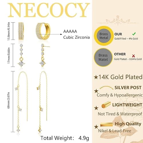 NECOCY Christmas Gift 14K Gold Plated Chain Earrings for Women 3/4 Pairs Dangle Dainty Stack Hoop Earrings Set Trendy Cubic Zirconia Stud Earrings for Women Jewelry thumbnail 5
