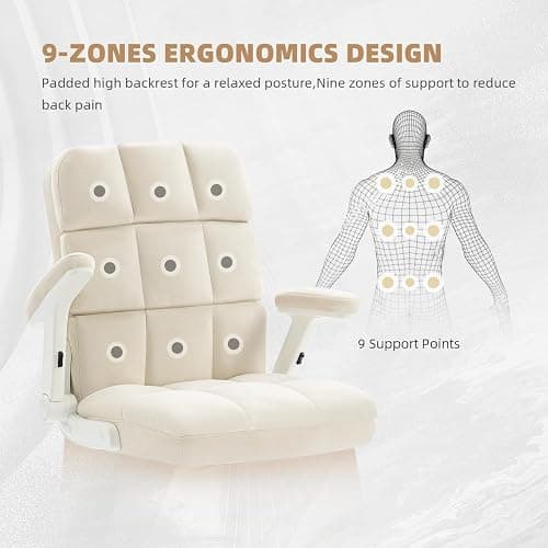 SEATZONE Home Office Chair–Beige Velvet Desk Chair with Wheels, Comfortable Computer Work Chair with Flip-up Arms and Adjustable Tilt thumbnail 8