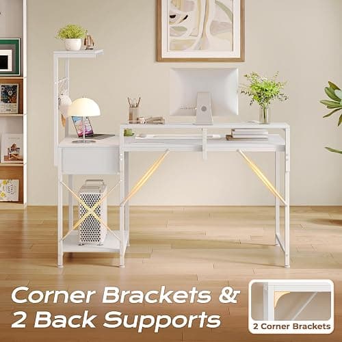 PRAISUN 47.2 Inch Gaming Desk with LED Lights & Power Outlets | Computer Desk with Drawer & Storage Shelves, Office Writing Desk with Monitor Stand for Work from Home, White thumbnail 9