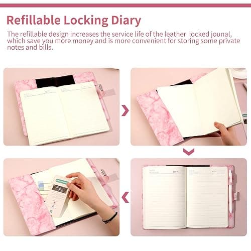 CAGIE Marble Diary with Lock for Girls and Women, Waterproof Journal with Lock 192 Pages Secret Girls Locked Diary with Pen, Password Locked Journals for Teen Girls, A5 Pink thumbnail 6