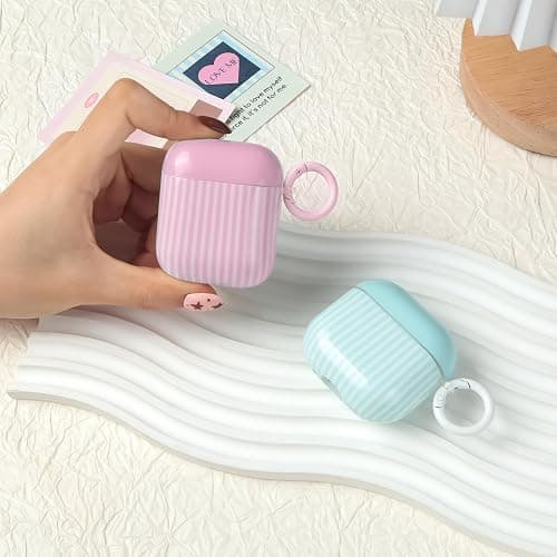 Fycyko for AirPod 2/1 Generation Case Cute Striped Trendy Aesthetic Glossy Shockproof Protective Case for AirPod 2/1 with Cleaner Kit-Pink thumbnail 7