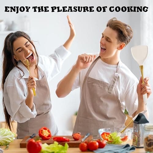 Elegant White Gold Silicone Cooking Utensils Set - Non-Toxic, Dishwasher Safe Kitchen Utensils Set with Heat Resistant Comfort Handles - Includes Spatula & Spoon for Nonstick Cookware thumbnail 9