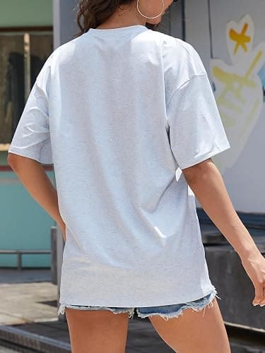 YIJIU Women's Graphic Oversized T Shirts Letter Print Short Sleeve Loose Casual Summer Tops - X-Small - B Grey thumbnail 2