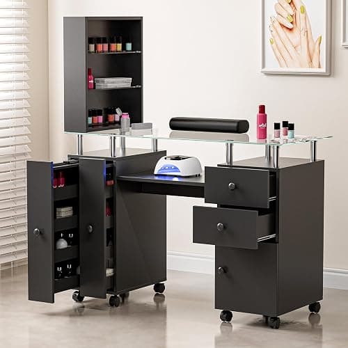 Belandi Manicure Table With Glass Top for Nail Tech - Acetone Resistant Desk Station With Storage Drawers, Open Shelves, Wrist Cushion, and Lockable Wheels (Black) thumbnail 2