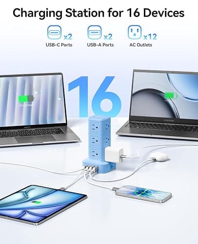 ORICO Power Strip Tower with Multiple Outlets, Tower Extension Cord with 12 AC Outlets 4 USB Ports (2 USB C), Space Saving Design, 5FT Cord Power Tower for Home, Office, Dorm - TPP20 thumbnail 2