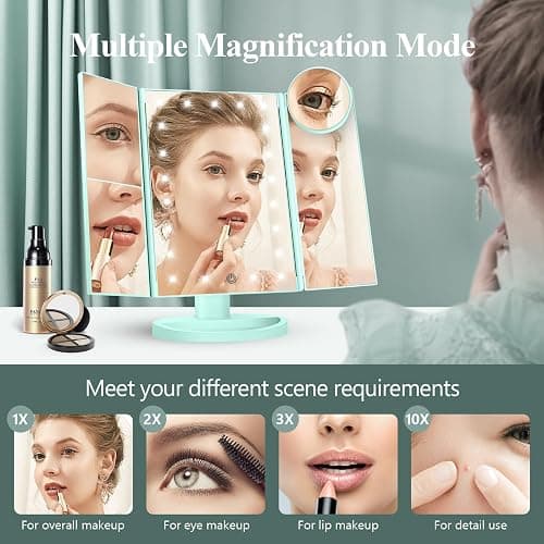 HUONUL 2X/3X/10X Magnifying Vanity Mirror with Light, Trifold Makeup Mirror | Touch Dimming, Dual Power, Clear View for Makeup, Skincare. Dorm Room Essentials. Birthday Gifts for Women, Mom, Wife, Girls thumbnail 2