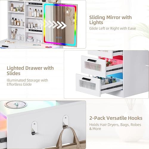 Gurexl RGB Vanity Desk with Sliding Mirror and Lights,Glass Top Makeup Vanity with Wireless Charging Station,7 Dynamic and 7 Static Dimmable Dressing Table with 5 Drawers,Shelves,Hooks,Stool thumbnail 8