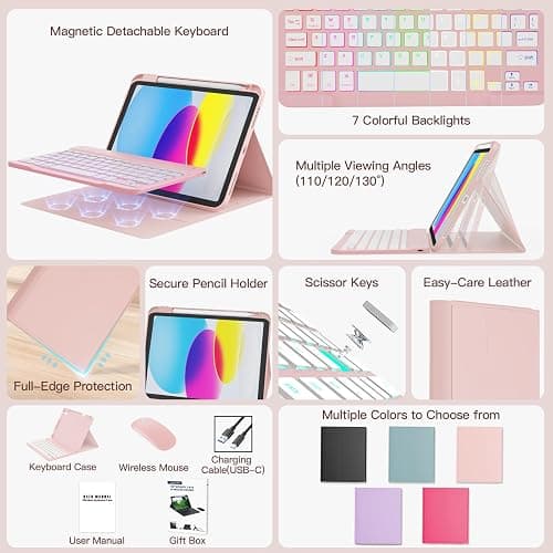 RAYMCRAFT for iPad 11th (A16, 2025) / 10th Generation Case with Keyboard, Mouse and Detachable Wireless Keyboard, 7-Color Backlight, Slim Case with Pencil Holder, Pink thumbnail 3