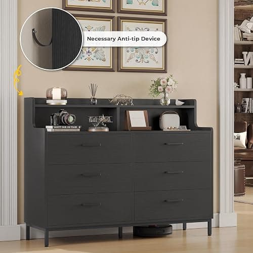 Hasuit Black Dresser for Bedroom with 6 Drawers and Storage Shelves, Wide Chest of Drawers with Sturdy Steel Legs, Large Wooden Storage Tower Dresser Organizer, Dressers for Bedroom, Clost, Entryway thumbnail 5