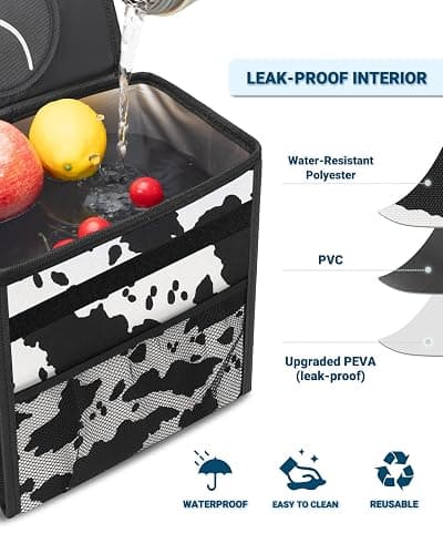 Capolo Car Trash Can with Lid, Leakproof Car Trash Bag Hanging Waterproof Automotive Garbage Can with Storage Pockets Mini Vehicle Trash Bin for Back/Front Seat(Cow Print,2.5 Gallon) thumbnail 4