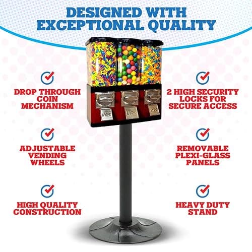 Red Triple Compartment Commercial Vending Machine for 1 inch Gumballs, 1 inch Toy Capsules, Bouncy Balls, Candy, Nuts with Stand by American Gumball Company - Triple Compartment thumbnail 8
