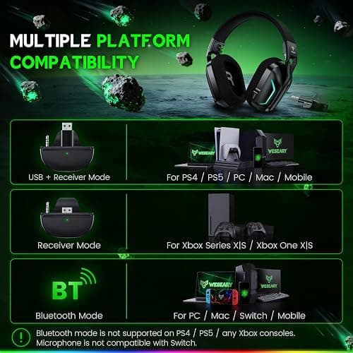 WESEARY Wireless Gaming Headset for Xbox Series X|S, Xbox One, PS5, PS4, PC, Mac, Switch, 2.4GHz + Bluetooth Over-Ear Gaming Headphones with ENC Mic, 3D Stereo, Dynamic LED Lights, 50mm Drivers, 50H thumbnail 4