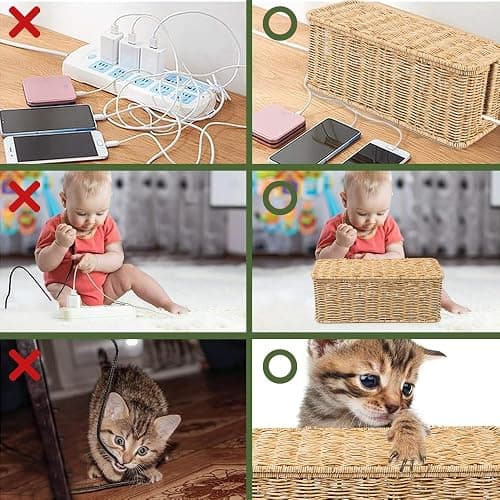 Cable Management Box, Handmade Rattan Cable Organizer, 2 Open Slots Cords Hider Box, Under Desk Cord Organizer for Computer Router USB Hub & Power Strip, Patent Pending, 13" x 5.1" x 5.1", Natural thumbnail 8