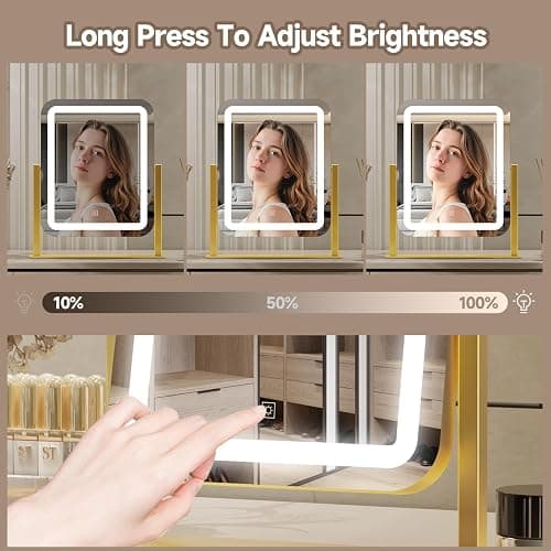 PRIMETEK Vanity Mirror with Lights, 16"x14" Large LED Lighted Makeup Mirror, Hollywood Makeup Mirror, Touch Screen, 3-Color Lighting, 5X Magnification, for Vanity Desk Tabletop, Bedroom, Gold thumbnail 9