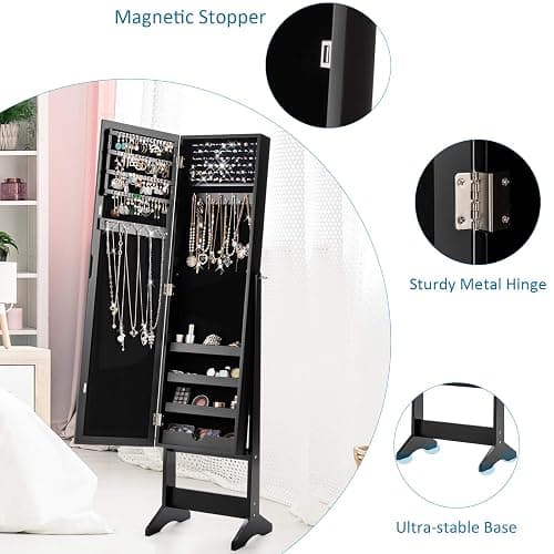 Giantex Jewelry Cabinet with Full-Length Mirror, Standing Jewelry Armoire Organizer with 64 Earring Slots, 72 Ring Slots, 20 Necklace Hooks, 4 Storage Shelves, 3 Angle Adjustable (Black) thumbnail 7