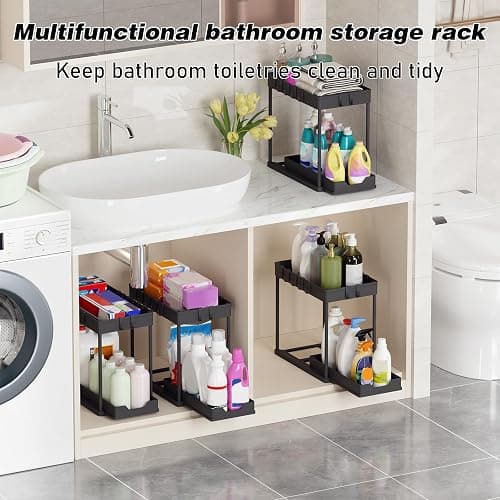 Meltrck Küchen Organizer - 2 Stück Unter Waschbecken Regal Organizer - Ausziehbares Lagerregal Organizer mit 16 Haken,Schwar thumbnail 10