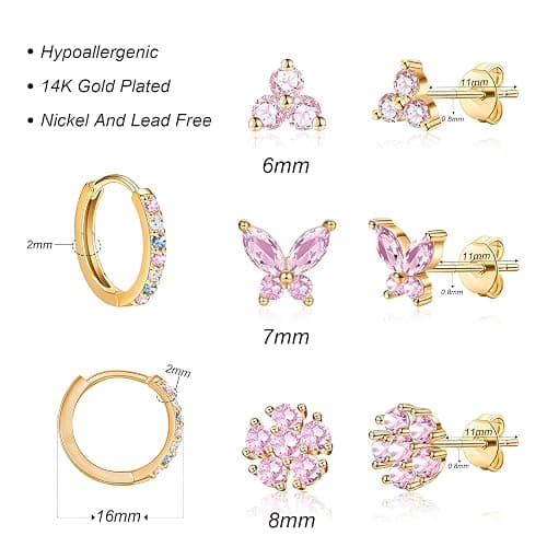 20G Gold Studs Earrings for Women,14K Gold Plated Hypoallergenic Butterfly Earrings for Girls,4 Pairs Flower/Butterfly/Cubic Zirconia Cute Earring and Trendy Huggie Hoop Dainty Multipack Earring Sets thumbnail 3