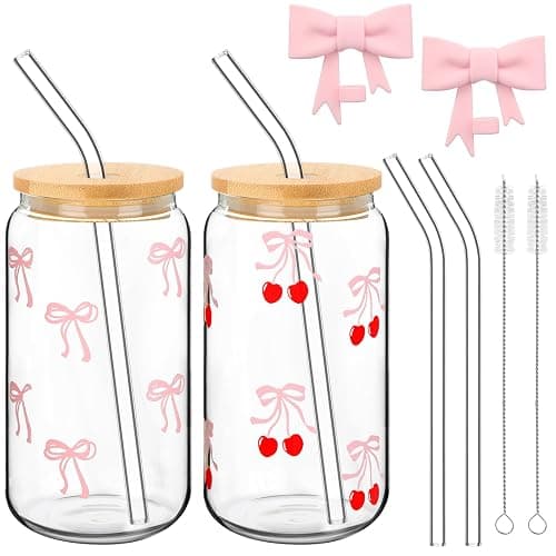 Skylety Set of 2 Coquette Bow Glass Cup 16oz Pink Bow Glass Cup with Lids and Straws Reusable Pink Bow Silicone Straw Toppers Lids Protectors 2 Brush for Drinking Coffee Tea Cocktail (Cherry Bow) - Pink - Cherry Bow - Image 1