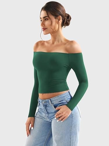 YEOREO Sophie Women Off Shoulder Long Sleeve Shirts Double Lined Basic Undershirt Y2K Going Out Tops thumbnail 2