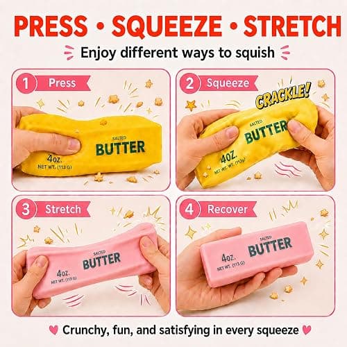Klysuron 2 Pack Crunchy Butter Squishy Toys, Fidgets Set, Yellow and Pink | ASMR Squishy Toys, Crisp Crunchy Sound, Realistic Food Shaped Decompression Squeeze thumbnail 3