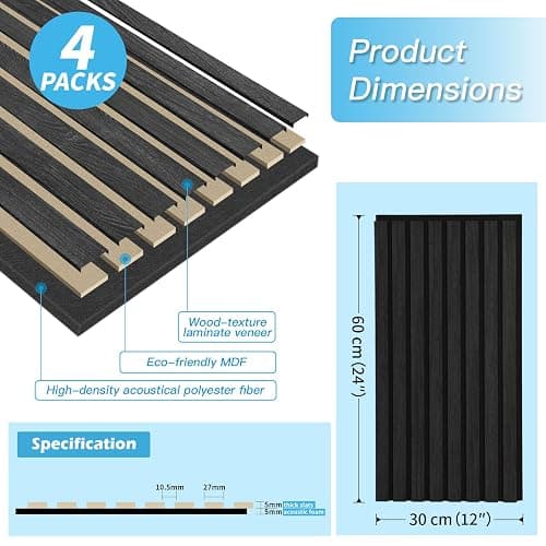 Art3d 4-Pack Acoustic Wood Slat Wall Panels for Interior Decor, 3D Fluted Sound Absorbing Wood Paneling for Accent Wall Ceiling Kitchen Living Room Bedroom Office, 23.6 x 11.8 inch Grey Oak thumbnail 3