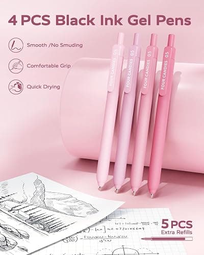 Four Candies Pink School Supplies with Case, Gel Pens with Black Ink, Correction Tapes, Pastel Highlighters, Mechanical Pencils, Sticky Notes, Index Post for Bible Study Stationary College Essentials thumbnail 2
