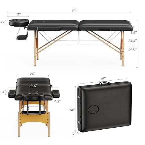 Brelley Massage Table Portable Wooden Lash Bed 24" Wide Adjustable Height 2-Fold Spa Table Foldable Tattoo Bed (Black) thumbnail 3