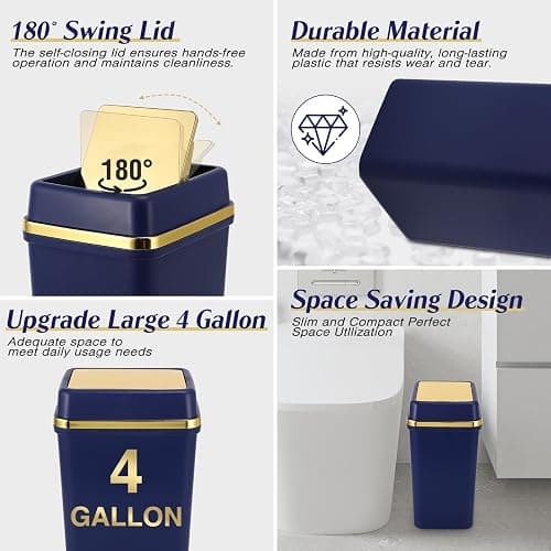 WSBArt Bathroom Trash Can with Lid 4 Gallon Trash Can with Swing Lid Navy Blue Small Garbage Can Bathroom Garbage Can with 300 Counts Trash Bags for Kitchen Bedroom Office thumbnail 3