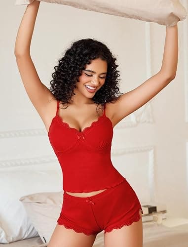 Avidlove Women Cami Pajama Set Sexy Sleepwear V Neck Lace Trim Short PJ Set Side Slit Nightwear S-XXL thumbnail 2