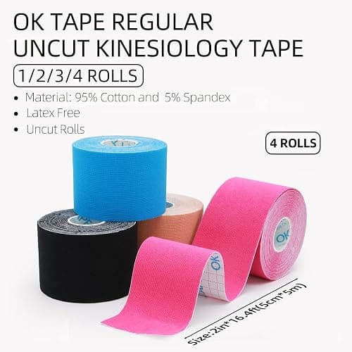 OK TAPE Regular Kinesiology Tape (4 Pack), Original Cotton Athletic Tape for Support Muscle Joint Knee, Sports Waterproof Tape Uncut Strips Latex Free, Hypoallergenic, 2in×16.4ft - 4 Colors thumbnail 2