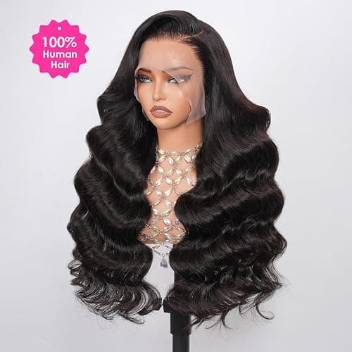 Pizazz 13x6 HD Lace Front Wigs Human hair Pre Plucked 180 Density Brazilian Body Wave Frontal Wigs Human Hair with Baby Hair Natural Hairline Natural Black Color 18 Inch thumbnail 2