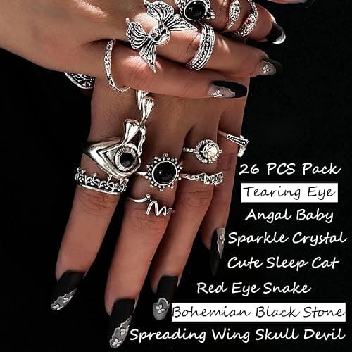 17IF 26-35 Pcs Vintage Silver Knuckle Rings Set for Women Men, Grunge Gothic Rings Chunky Aesthetic Snake Stackable Adjustable Punk Bulky Finger Alt Fairy Skull Frog Heart Star Flower Midi Ring Pack thumbnail 2