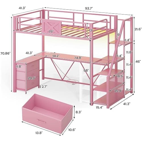 Itaar Stairway Twin Size Loft Bed with L Shaped Desk and Wardrobe, Metal Loft Bed Frame with Stairs, 3 Fabric Drawers, LED Lights & Charging Sation, No Noise & No Box Spring Needed, Pink thumbnail 2