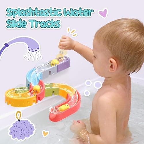 CUTE STONE Baby Bath Toys, No Hole Floating Squirting Bathtub Toy W/ Water Slide Building Track, Duck Fishing Net Game, Toddler Shower Toys, Water& Pool Toys, Educational Gifts for Boys Girls thumbnail 7