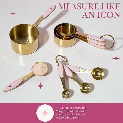 Paris Hilton Measuring Cups and Spoons Set, Stainless Steel with Pink Silicone Inset Handle, Dishwasher Safe, For Dry and Liquid Ingredients, 8-Piece Set, Gold and Pink thumbnail 4