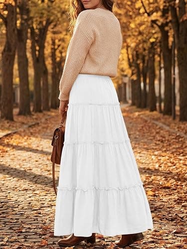 Trendy Queen Long Skirts for Women Boho Maxi Skirt Winter Swing Tiered A-Line Elastic High Waist Dress with Pockets Fashion thumbnail 5