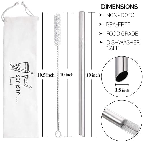 [Angled Tips] 2 Pcs Jumbo Reusable Bubble Tea Straws & Smoothie Straws, 0.5" Wide Stainless Steel Straw, Metal Straw for Boba, Tapioca Pearl, Milkshakes,Smoothies | 1 Cleaning Brush & 1 Case thumbnail 2