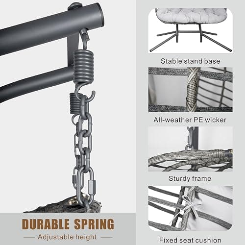 Double Hanging Egg Chair wth Stand, Patio Hammock Swing Chair with Cushion Loveseat for Bedroom, Balcony, Garden, Indoor, Outdoor thumbnail 5