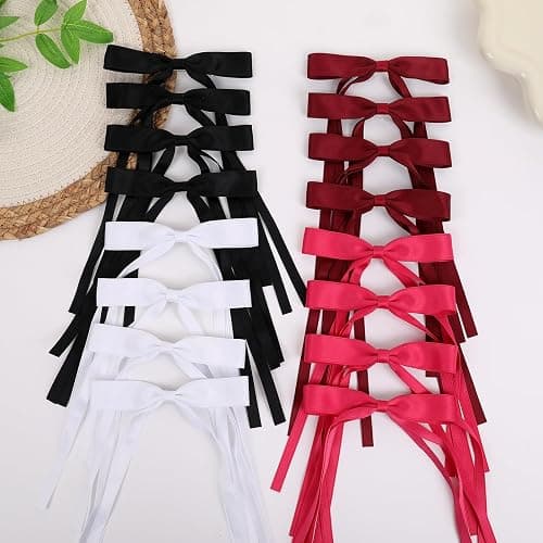 WORTL Hair Bows Clips Coquette Ribbon Bowknot with Long Tail Princess Hair Bows French Barrettes Hair Accessories for Women Girls 16PCS (Wine Red, Rose red, White, Black) thumbnail 7