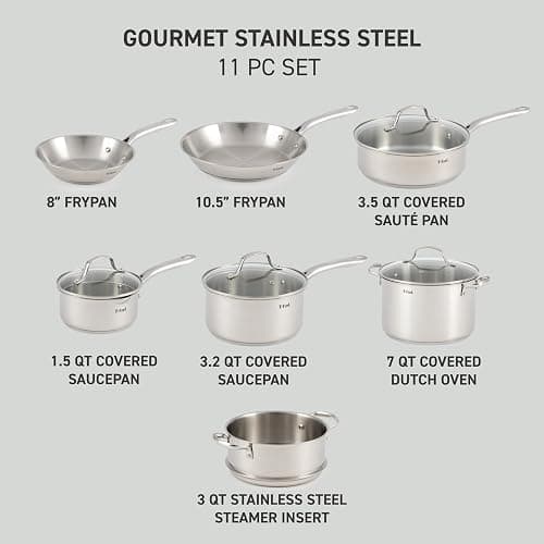 T-fal Stainless Steel Cookware Set, 11 Piece, Induction Cookware, Oven Safe to 500°F, Kitchen Cooking Set w/Fry Pans, Pots and Pans, Dutch Oven, Saucepans, Kitchen Essentials, Silver thumbnail 2