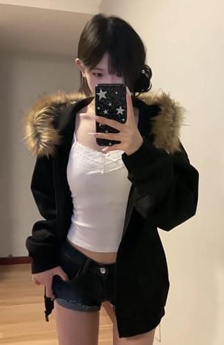 Dynict Women's Y2K Zip Up Hoodies with Fur Hood Winter Fuzzy Jackets Trendy Vintage Sweatshirt thumbnail 4