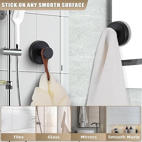 Fenas Suction Cup Hooks for Shower No-Drill Bathroom Hooks for Towels, Robes, Loofah Mountable on Bathroom Walls, Kitchen, Glass, Mirrors, Tile and Smooth,Non-Porous Surfaces (4, Matte Black) thumbnail 4