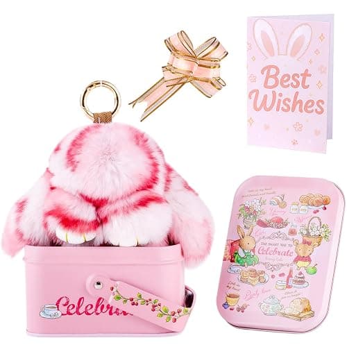 Bunny Keychain with Tin Handmade Soft Plush Rabbit Keychain with Best Wishes Card & Ribbon Bunny Bag Charm - Image 1