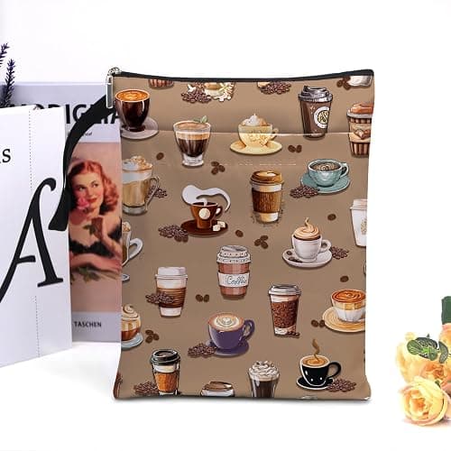 Book Sleeve for Book Lovers with Zipper Protector Paperback Cover, Washable Fabric Book Cover Gifts, Coffee Pattern Book Pouch Gifts for Girl Women Birthday Graduation Christmas (Brown 2, Large) thumbnail 2