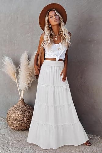LUXVEER Women’s Summer Boho Maxi Skirts Smocked High Wasited Flowy Tiered Ruffle A Line Long Beach Skirt thumbnail 4