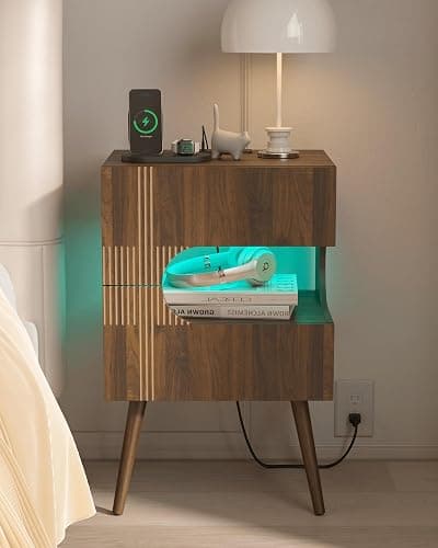 JOONEE Nightstand with Charging Station and LED Lights,Modern Bedside Table with 2 Storage Drawer,Night Stand with Solid Wood Legs,White (Walnut Brown) thumbnail 9