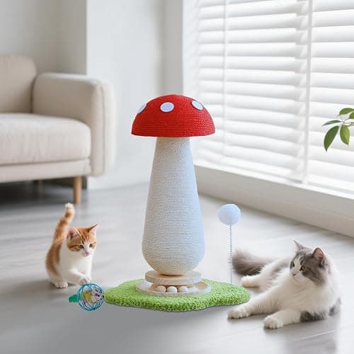WLHYHHCute Mushroom Shaped Cat Scratching Post - Cat Toy with Ball Lane and Spring-Loaded Pom Poms - 21.25 Inch Tall Sisal Cat Scratching Post for Indoor Cats thumbnail 7