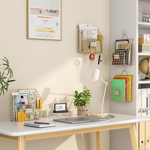 Yuzehuaza Wall File Organizer Mesh Hanging Wall Files Holder,Magazine Rack and Mail Basket with Hooks, Office Wall Organizer for Papers Folders Files Clipboard 4 Packs, Gold(Patent Pending) thumbnail 5