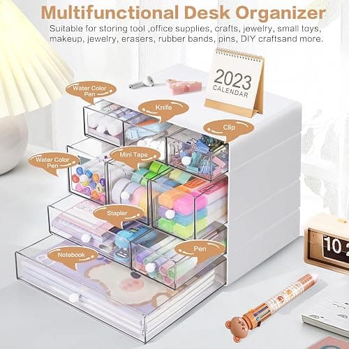 FODIENS Desk Storage Organizer with 9 Drawers, 4 Tiers Stackable Desktop Craft Storage Drawers, Clear Storage Box Caddy for Stationary Makeup Jewelry Office Craft Supplies (White) thumbnail 5